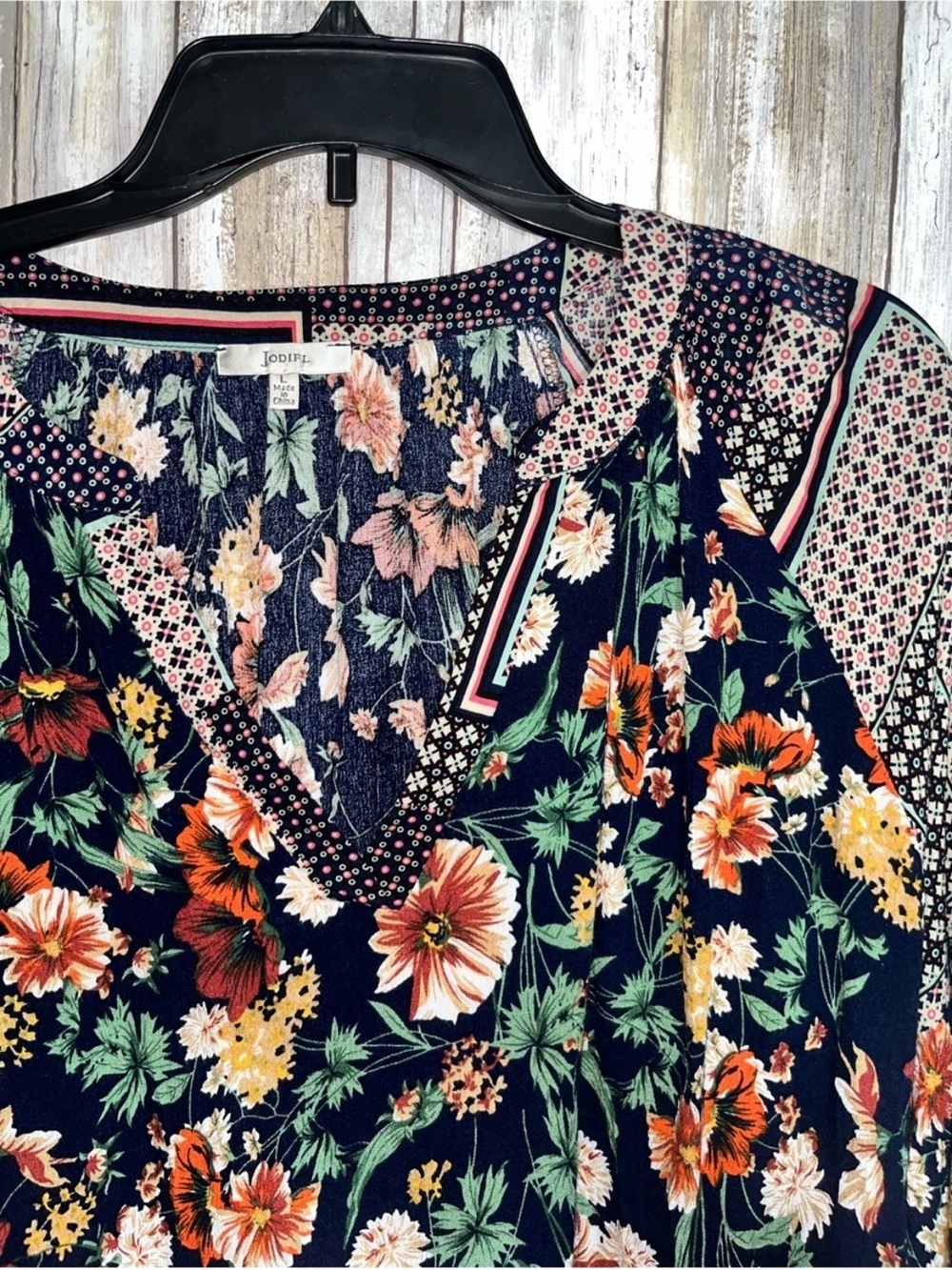 Jodifl Navy Floral Boho Peasant Blouse Long Sleeve Lightweight Top Size L - Picture 5 of 6